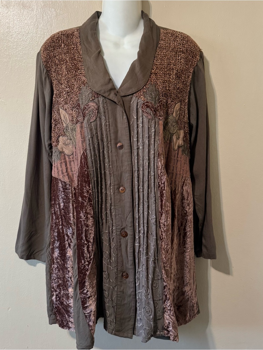 Vintage Styleworks brown/green patchwork velvet button down blouse